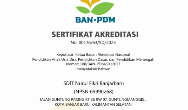 Selamat atas Diraihnya Akreditasi A dari BAN-PDM SDIT Nurul Fikri Banjarbaru